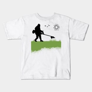 Bigfoot Mowing the Lawn Owner Grass Cutting Funny Sasquatch Kids T-Shirt